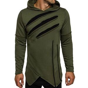 Zacard Hoodie Asymmetrical Ripped Shredded Zipper Unique Army Green Sweatshirt